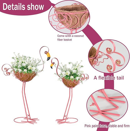 Set of 2 Pink Flamingo Outdoor Planters with Basket, Metal Flamingo Planter for Indoor Outdoor Garden Yard Decor