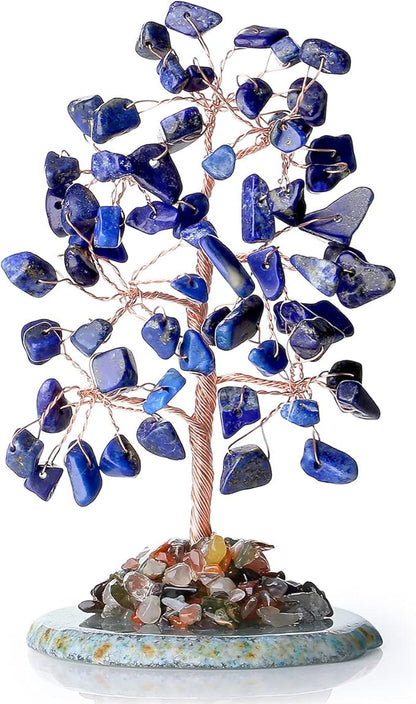 Lapis Lazuli Healing Crystal Tree of Life Natural Gemstone Agate Slice Base Copper Wire Wrapped Money Trees Feng Shui Spiritual Energy Decorations Home Office Room Desk Decor Gifts for Women Men