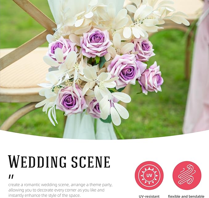 Fake Roses Faux Flowers Silk Roses Artificial Roses with Stems Realistic Artificial Flowers 24PCS Suitable for Indoor Home Decoration DIY Bouquet Wedding Decor Party Decor (Purple) 16.5In