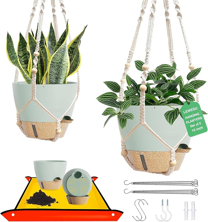 Set of 2 Hanging Planters for Indoor Plants with Self Watering Includes Hanging Pots and 2 Types Plant Hangers, Outdoor Hanging Baskets Holder for Home Garden, 10 Inch Sage Green