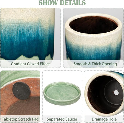 Oairse Ceramic Pot for Plants 5.5 inch Pots for Plants Small Planter Pot with Drainage Hole and Saucers Gradient Dark Teal Outdoor Inoor Flower Pots for Succulent, Cactus, Snake Plant, Herb