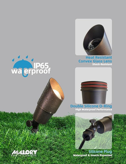 MALORY Brass Landscape Spotlight 6-Pack with Bulb(S01), Low Voltage 12V AC/DC LED Outdoor Landscape Lighting,PVC Ground Stake and Wire Connector Included, Garden Patio Trees Spot Uplight