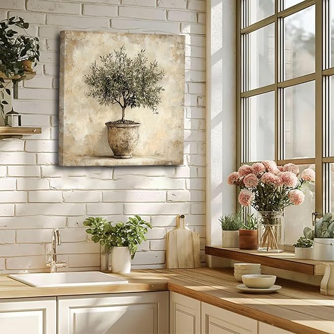 Olive Tree in Vessel Rustic Canvas Wall Art Neutral Botanical Wall Decor Pictures Antique Vintage Potted Plant Poster Prints for Farmhouse Kitchen Dining Room Home Decoration 16x16in Ready to Hang