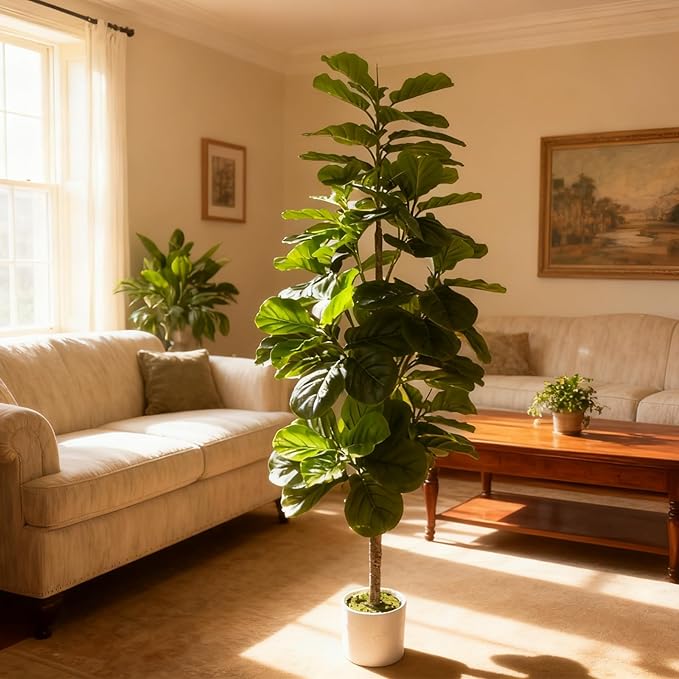 6ft Artificial Fiddle Leaf Fig Tree with 96 Fiddle Leaves, Fake Ficus Trees Indoor with Plastic Nursery Pot, Faux Ficus Lyrata Plant with Fake Moss, adorning The Living Room, Bedroom, and Office