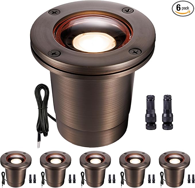 Gardenreet Brass Low Voltage Inground Landscape Lights - IP67 12V LED Well Light, Electric Outdoor Lighting, Antique Bronze for Walkway Garden Tree Without MR16 Bulb (6 Pack)