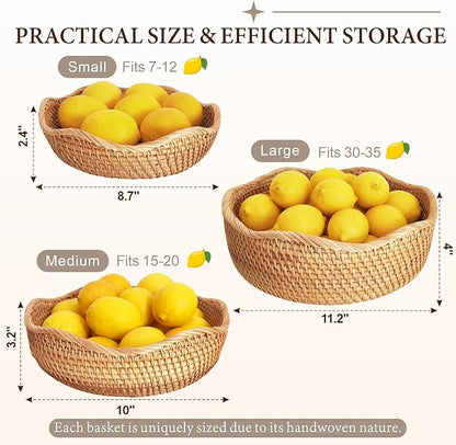 Rattan Bread Baskets for Serving, Hand Woven Food Baskets, Natural Wicker Fruit Basket for Kitchen Counter, Decorative Bread Baskets for Gifts, Snacks, Candies, Nuts, Keys, Wallets, Etc.(Wave-Combo)