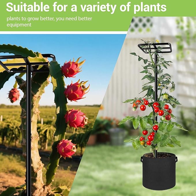 2 Pcs Heavy Duty Dragon Fruit Trellis, Adjustable Plant Climbing Support with 4 Non-Woven Planting Pots, Raspberry Trellis for Garden, Vertical Farming Tower for Dragon Fruit, Avocados, Vining Plants