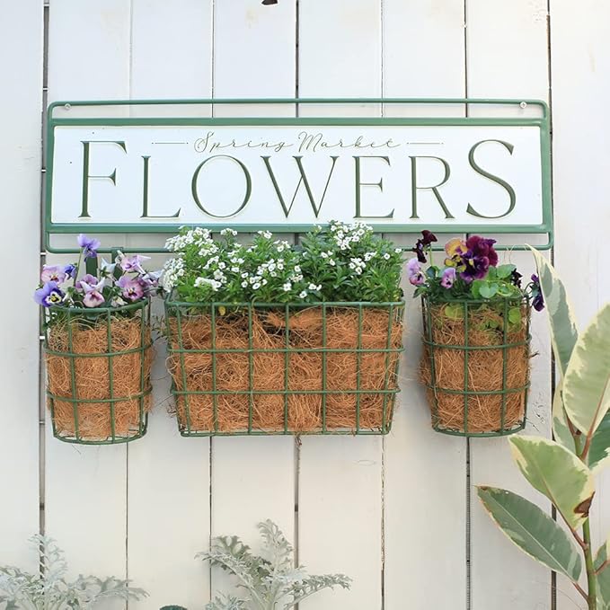 Vintage Metal Hanging Flower Pot Rustic Wall Mounted Planter Bucket 3 Basket Farmhouse Plants Holder with Detachable Hooks for Garden Railing Fence Patio Yard Outdoor Decor Green