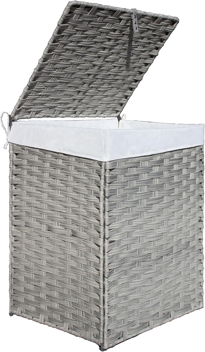 Woven Rattan Laundry Hamper with Lid & Handles,130L Foldable Laundry Basket Includes Machine Washable Removable Liner with 2 Compartments for Storage Basket for Bedroom, Bathroom (Gray)