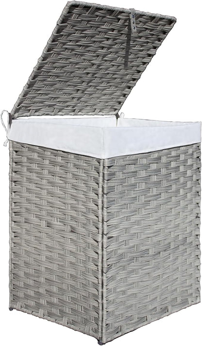 Woven Rattan Laundry Hamper with Lid & Handles,130L Foldable Laundry Basket Includes Machine Washable Removable Liner with 2 Compartments for Storage Basket for Bedroom, Bathroom (Gray)