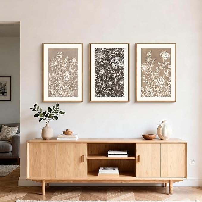 Neutral Boho Flower Framed Canvas Wall Art Set,Vintage Rose Peony Wildflower Wall Decor,Modern Natural Brown Black Floral Botanical Artwork for Living Room, Bedroom,Farmhouse-24 x36 x3