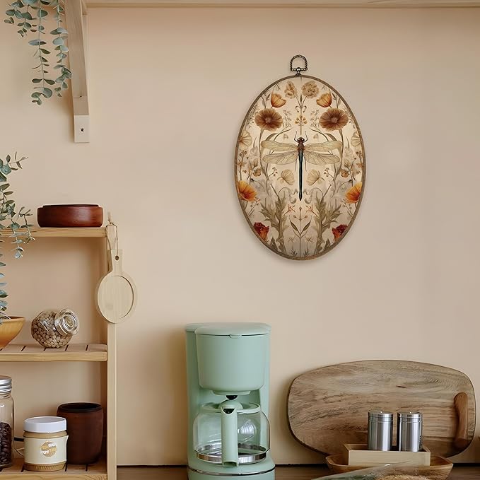 LKETW Vintage Floral Dragonfly Butterfly Oval Wall Art Decor, Farmhouse Nature Oval Canvas Hanging Decor, Rustic Wildflower Insect Wall Decorations for Home Living Room Bedroom, 8.6x11.4 Inch Set of 2