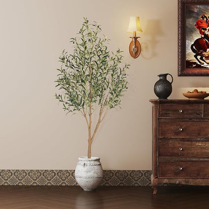 Tall Faux Olive Tree，6Ft(72in) Realistic Texture Potted Silk Artificial Olive Tree， Fake Olive Trees Indoor Outdoor for Home Office Living Room Bedroom Foyer Porch Decor.