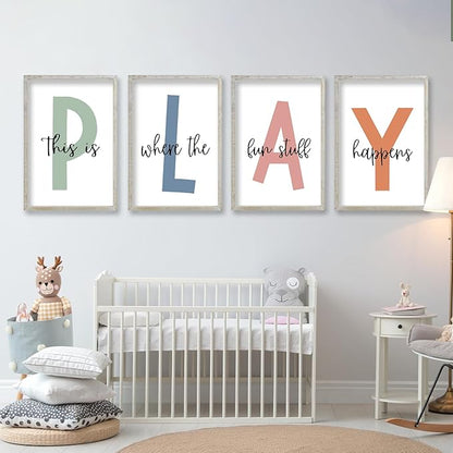 This Is Where The Fun Stuff Happens Kids Playroom Wall Art 11x16 Inch Set Of 4 Rustic Kids Wood Framed Boy Sign Toddler Modren Nursery Interesting Let's Play Prints Wall Hang Decor (White)