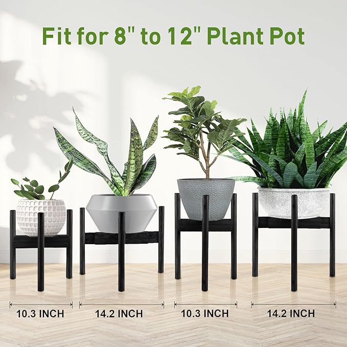 FJO 2Pcs Adjustable Plant Stand Indoor - Bamboo Plant Stands, Bamboo Mid Century Modern Plants Stands, Plant Holder for Living Room Fits 8 to 12 Inches Pots(Pot & Plant Not Included) (Black)
