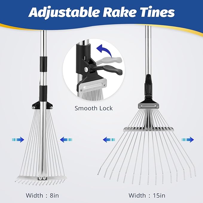 2pc Chicken Poop Scooper & Chicken Coop Rake, Lassume Adjustable 3-Length Cleaning Tools, Heavy Duty Chicken Coop Scooper & Manure Rake for Sand, Leaves, Animal Wastes (62"L Sifting Shovel,15"W Rake)