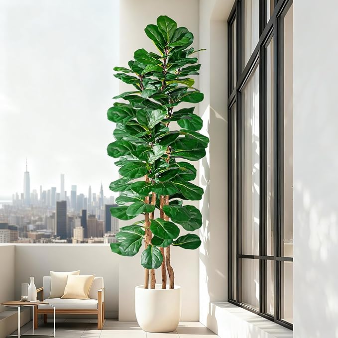 Artificial Fiddle Leaf Fig Tree 6FT, Faux Fig Tree Indoor with Natural Wood Trunk & Realistic Leaves with Moss Pot Fake Ficus Tree Large Faux Floor Plant for Living Room Home Decor, House Plant