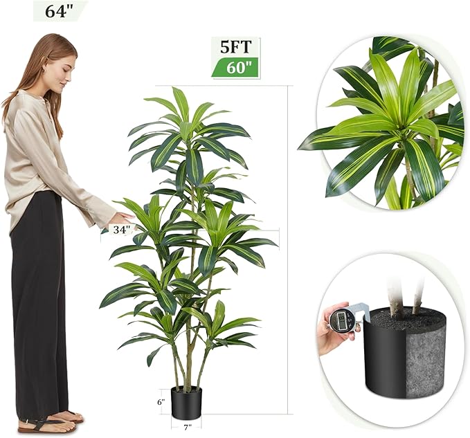 Dracaena Plant Artificial Tree 5Ft Tall Fake Tropical Floor Plants Potted (Real Touch) Artificial Silk Tree Leaf Faux Trees Black Tall Planter for Home Office Living Room Indoor Outdoor Decor