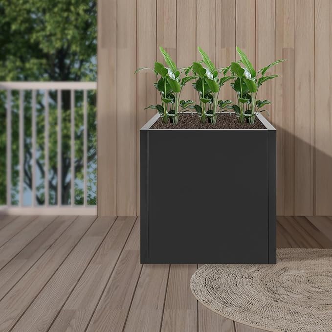 Steel Planter Box Square Indoor Outdoor Planters Large Metal Planter Flower Pot for Garden Patio Deck Yard Commercial Residential (Black, 17" L x 17" W x 18" H)