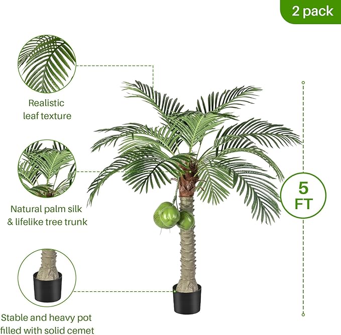Artificial Phoenix Palm Tree with Coconut Fruit Outdoor Indoor Decor Large Faux Coconut Silk Palm Tree Tropical Fake Tree Large Faux Sago Palm Plant for Home Yard Outside (5 FT)