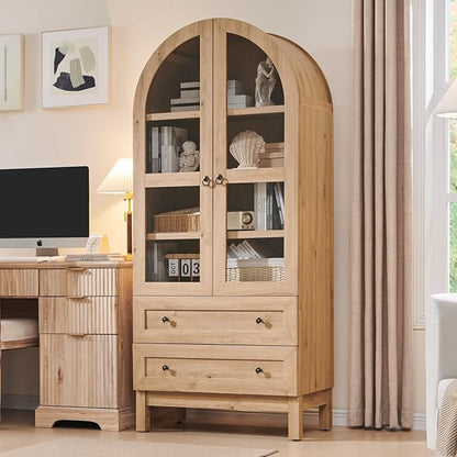 71" Tall Arched Bookshelf, 4-Tier Bookcase with Glass Doors and Shelves, Wooden Display Cabinet w/2 Large Storage Drawers, Modern Farmhouse Versatile Bookshelf for Living Room, Bedroom, Natrual