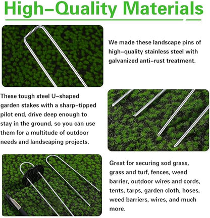 100Pcs Garden Stakes Staples + 100Pcs Gasket, Bakulyor 6 Inch Lawn Landscape Staples 11 Gauge U Shaped Galvanized Landscape Pins, Heavy Duty Yard Ground Pin for Weed Barrier Sod Fabric Decorations