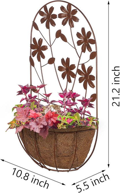 BAYN 2PKs Wall Hanging Planter Decor Art with Flower, Metal Wall Mounted Planters Indoor Outdoor Wall Planter for Succulent Herb Home Garden Yard