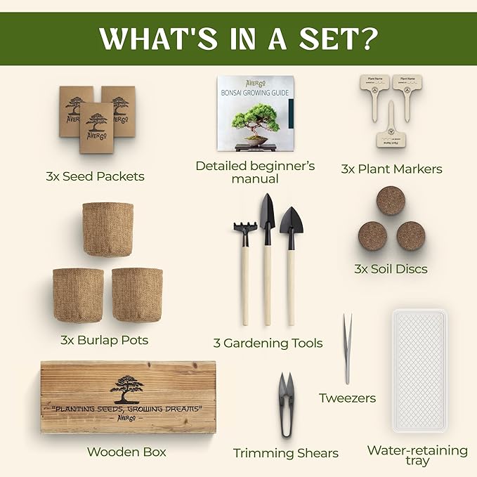 Avergo Bonsai Tree Kit – 3X Unique Japanese Bonzai Trees | Complete Indoor Starter Kit for Growing Bonsai Plants with Tools & Planters – Gardening Gifts for Women & Men
