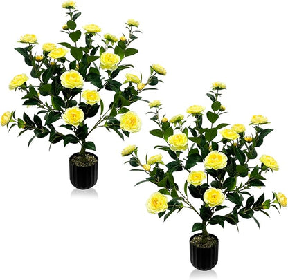 WAYNHUI Tall Artificial 2Pack Yellow Camellia Tree Potted Bushes UV Resistant Potted Plants for Indoor Outdoor Home Garden (2Pack Yellow Camellia Tree), xyc-2