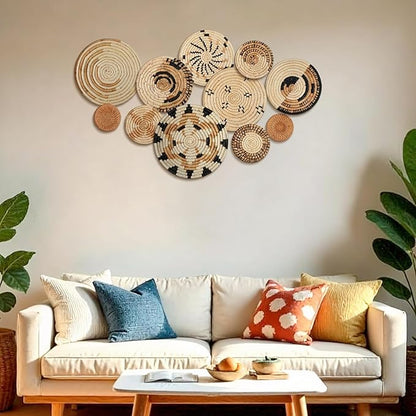Tatuo 11 Pcs Boho Wall Basket Decor Decorative Bulrush Woven Basket Wall Decor Art Round Farmhouse Hanging Baskets for Kitchen Rustic Home Summer Decorations, Multi Sizes(Artistic)