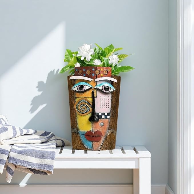 Picasso Abstract Face Flower Pot,Plant Pot with Facial Expressions,Handmade Resin Plant Pot with Drainage Holes,for Indoor and Outdoor Botanical Home décor (Brown Small)