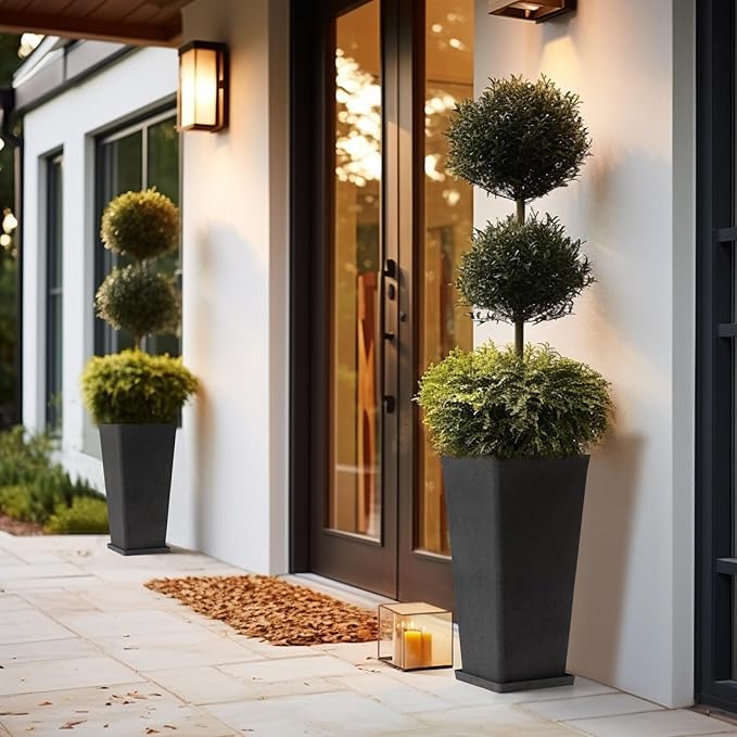 LA Jolie Muse 30 Inch Tall Planters for Outdoor Plants, 2 Sets Concrete Grey, Tall Large Planters for Front Door, Patio and Deck