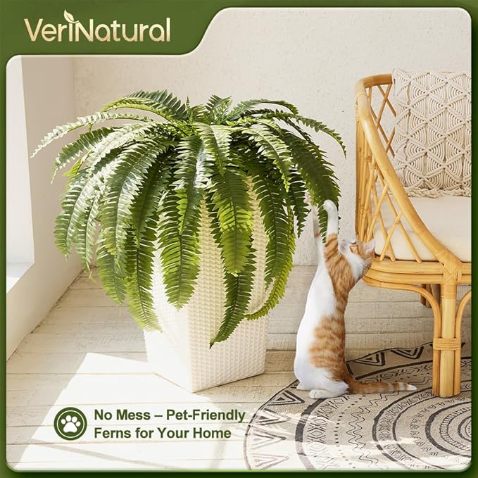 48" Boston Ferns Artificial Outdoor Plants - 39 Fronds UV Resistant Faux Greenery with Taper Planter- Realistic Fake Bushes Front Porch Decor for Garden, Patio, Indoors - Set of 1, VN153