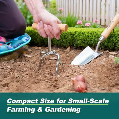 Berry&Bird Twist Tiller - 4 Stainless Steel Tines Hand Tiller for Aerating, Loosening Soil and Removing Weed, Garden Cultivator Tiller with Wooden Handle, Perfect for Raised Beds, Borders & Containers