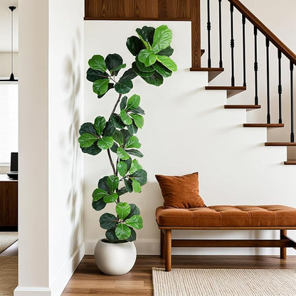 Articifial Fiddle Leaf Tree, 7ft Faux Plant Fake Ficus Lyrata Trees with White Planter & Moss, Artificial Fig Trees Floor Plants for House Office Living Room Indoor Decor, Housewarming Gift