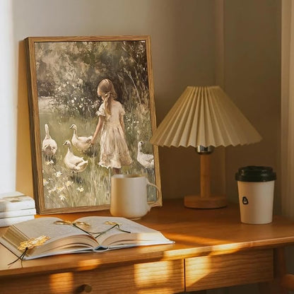 Framed Vintage Wall Art, Rustic Cute Girl with Duck Pictures Wall Decor, Farmhouse Cottagecore Paintings Country Nature Animal Canvas Prints for Living Room Bedroom Home 12x16 inch