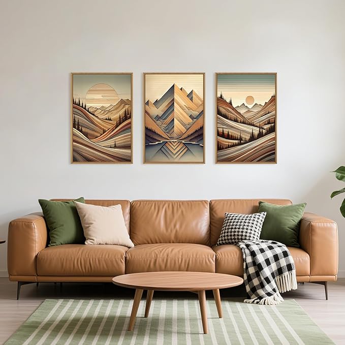 Aryroi Vintage Woodcut Style Mountain Framed Canvas Wall Art Set,Mid Century Nature Woodland Pine Tree Wall Decor,Modern Boho Brown Sunrise Forest Artwork for Living Room,Bedroom,Office- 16"x24"x3