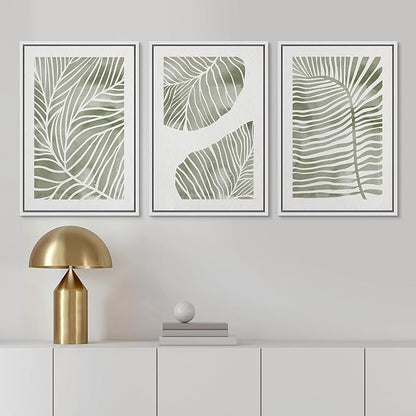 Ashbrook Framed Canvas Print Wall Art Set Abstract Jungle Green Pastel Plants Nature Wilderness Illustrations Modern Art Rustic Chic Colorful for Living Room, Bedroom, Office - 24"x36"x3 White