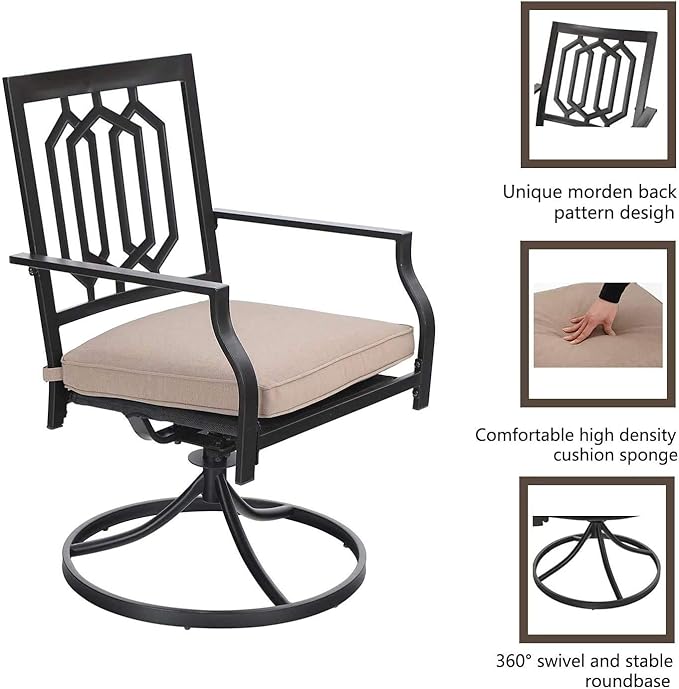 MFSTDIO 5 Piece Metal Patio Dining Set, 4 Swivel Armrest Chairs with Cushion and 37.8" Round Table with 1.57" Umbrella Hole Outdoor Furniture Set,Black