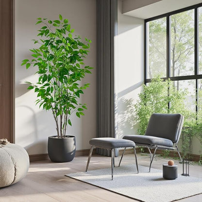 Artificial Ficus Tree with Green Leaves, 5ft Tall, Indoor Plant with Decorative Beige Planter
