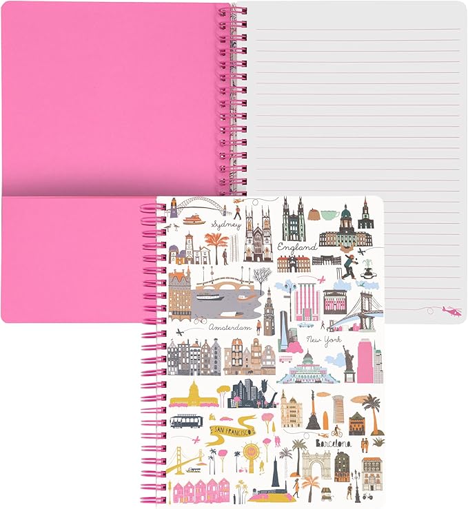 Steel Mill & Co Cute Mini Spiral Notebook, 8.25" x 6.25" Journal with Durable Hardcover and 160 Lined Pages, Travel Icons