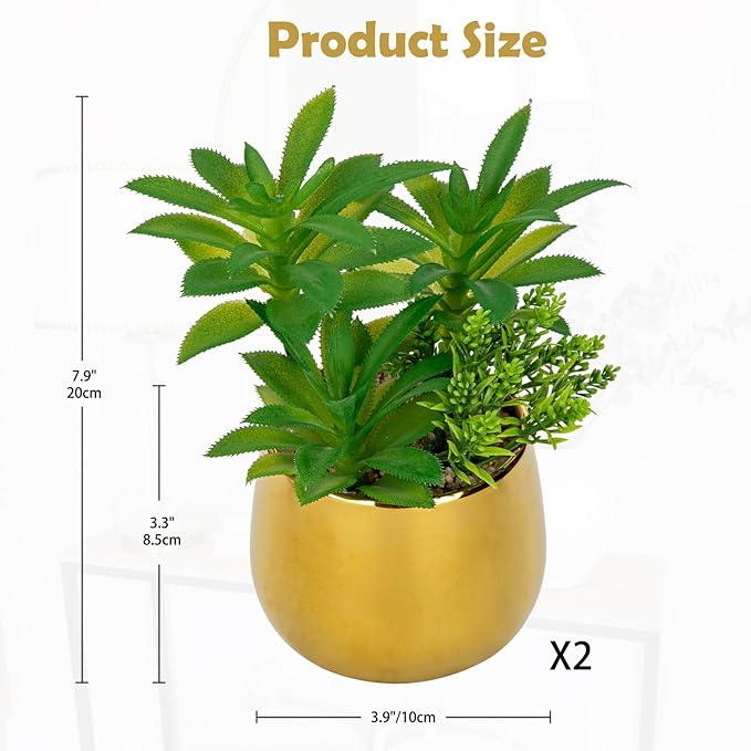 Briful Artificial Succulents Plants in Ceramic Pots, 2 Pack Faux Succulent Set with Gold Planters – Modern Desk Decor for Home Office Shelf Bathroom, Small Fake Plants Potted