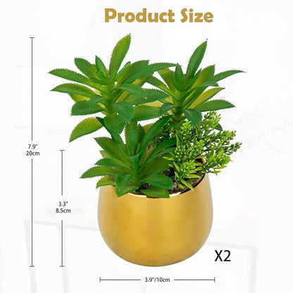 Briful Artificial Succulents Plants in Ceramic Pots, 2 Pack Faux Succulent Set with Gold Planters – Modern Desk Decor for Home Office Shelf Bathroom, Small Fake Plants Potted
