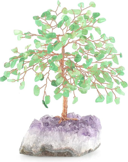 Gemstone Crystal Tree of Life,Natural Green Aventurine with Amethyst Cluster Base,Feng Shui Gift Bonsai Money Tree,Home Decor for Luck and Wealth 5.5"-6.3"