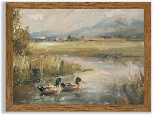 Wojuin Vintage Country Cottage Green Head Duck Wall Art, Scenic Wildlife Pond Nature Wall Decor, Wild Duck Floral Literary Canvas Print Picture for Living Room Bedroom Bathroom Office 12x16 in