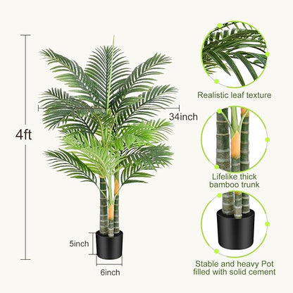 Triple Golden Cane Palm Artificial Tree 4ft Tall Large Faux Tropical Palm Tree UV Resistant Fake Plant in Pot for Indoor Outdoor Big House Living Room Patio Office Home Outside Decor 2Pack