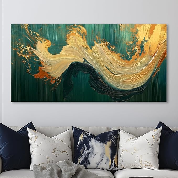 Abstract Marble Canvas Wall Art Paintings Green and Gold Canvas Wall Art Emerald Green Prints Posters Modern Abstract River Texture Pictures Wall Decor Artwork for Living Room, Bedroom, Office & Home Décor (24x48 Inches)