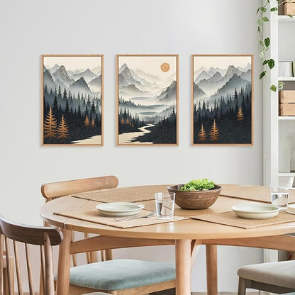 Ausril Watercolor Mountain Forest Framed Canvas Wall Art Set, Wood Foggy Lake Wall Decor, Misty Pine Tree Wall Painting, Neutral Nature Landscape Art Print for Living Room, Bedroom, Office - 16"X24"X3