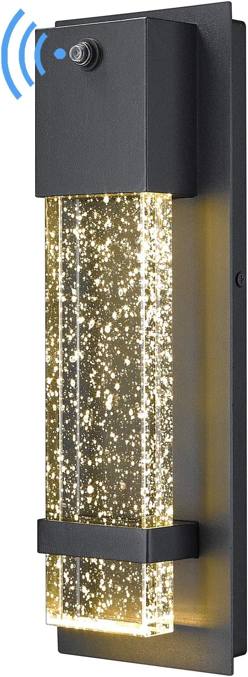 HWH INVESTMENT Dusk to Dawn Sensor Outdoor Wall Lamp, Modern LED Exterior Wall Sconce Lantern, Black Finish with Crystal Bubble Glass, 5HW9-B-P BK