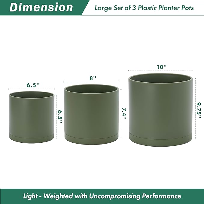 D'vine Dev 6.5 Inch 8 Inch 10 Inch, Set of 3 Plastic Planter Pots for Plants with Drainage Hole and Seamless Saucer, Olive, Large, 74-V-I-4